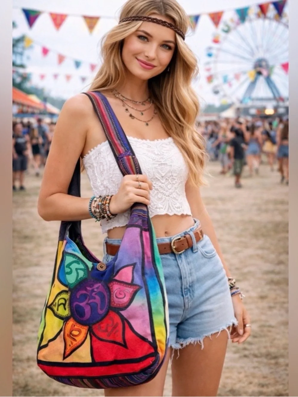 Boho Tie Dye Cotton Crossbody Hobo Bag In Green And Pink  Brand New - Picture 13 of 13
